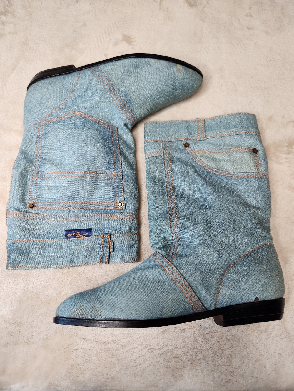 Bruno Bartoli Vintage Denim Boots, Women's 5.5 Genuine Leather Bottoms